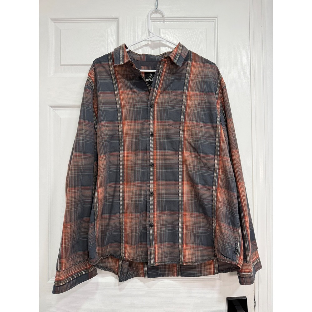 Prana Mens XL Plaid Button Down Shirt Grey Orange Organic Cotton Long Sleeve